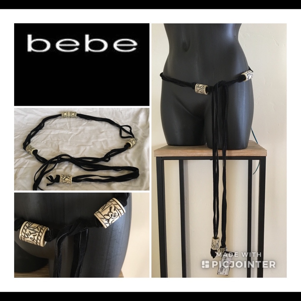 Bebe Black Suede Tie Tassel Belt w/Carved Ivory